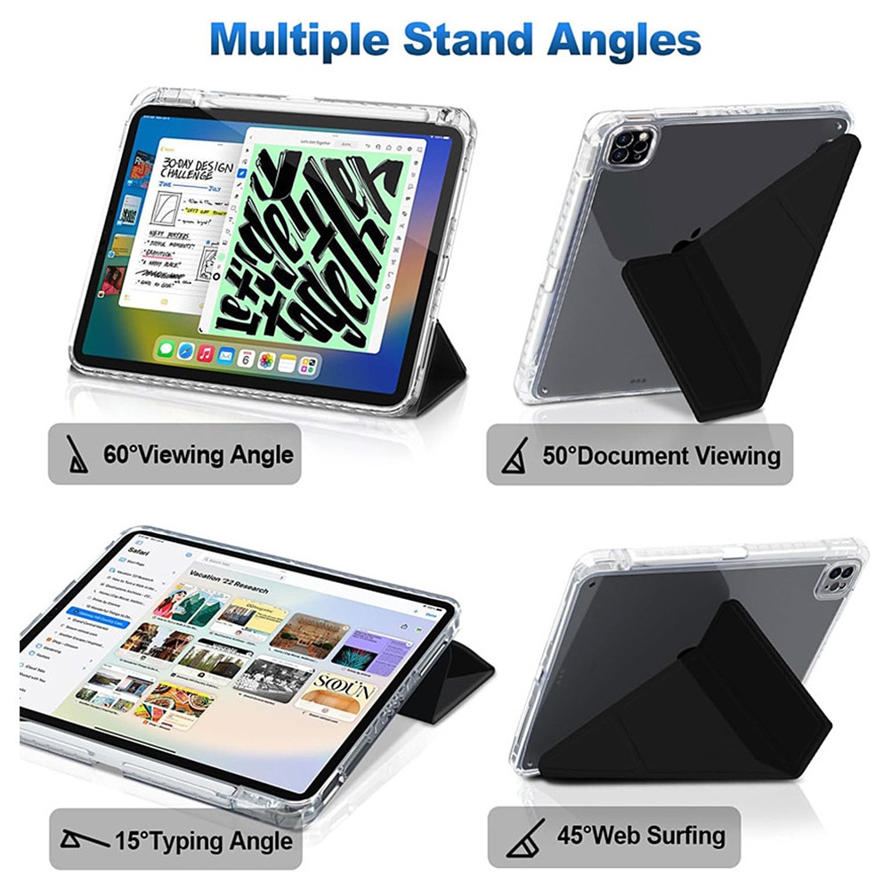 Husa pentru tableta compatibila cu iPad Pro Air 11" 2024 / 2025 M2, M3, cu functie de trezire/culcare si slot pentru stilou, moduri multiple de pliere 3+Y, spate ultra-transparent din acril rezistent la indoire，negru