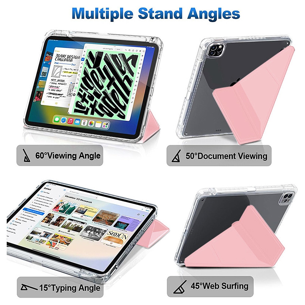 Husa pentru tableta compatibila cu iPad Pro Air 11" 2024 / 2025 M2, M3, cu functie de trezire/culcare si slot pentru stilou, moduri multiple de pliere 3+Y, spate ultra-transparent din acril rezistent la indoire，roz deschis