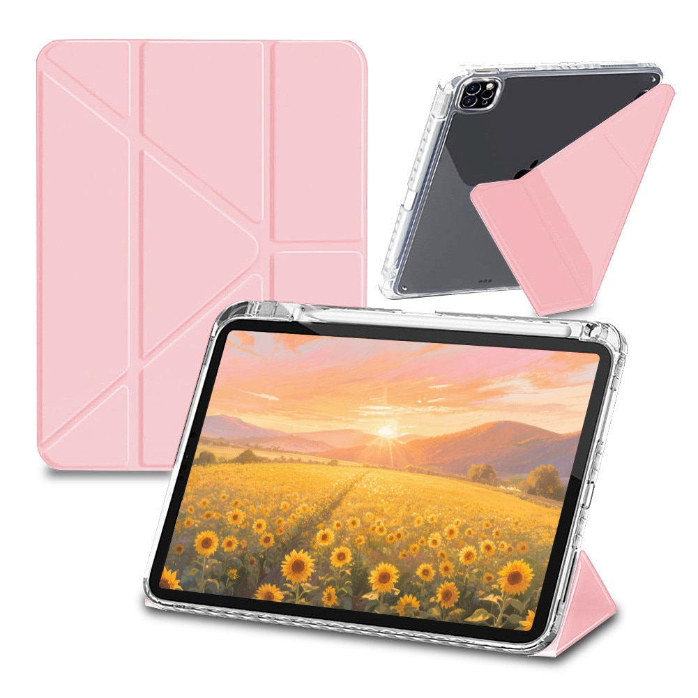 Husa pentru tableta compatibila cu iPad Pro Air 11" 2024 / 2025 M2, M3, cu functie de trezire/culcare si slot pentru stilou, moduri multiple de pliere 3+Y, spate ultra-transparent din acril rezistent la indoire，roz deschis