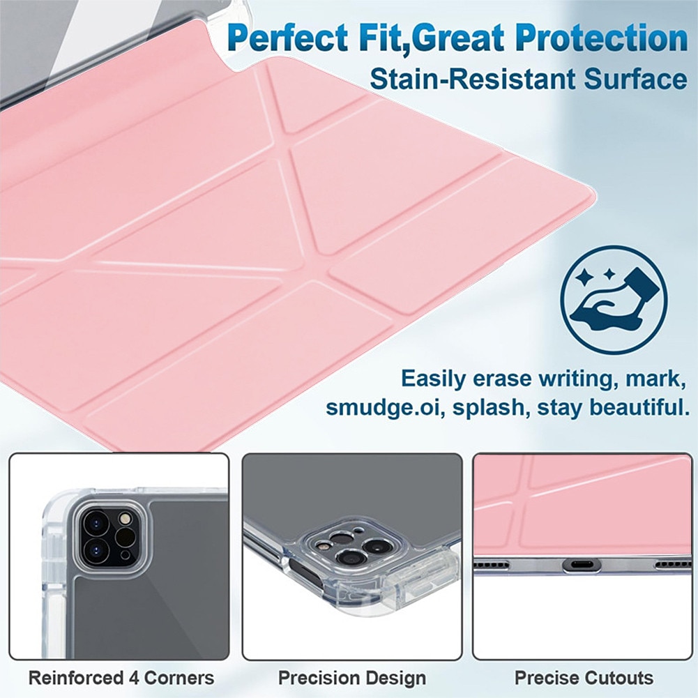 Husa pentru tableta compatibila cu iPad Pro Air 11" 2024 / 2025 M2, M3, cu functie de trezire/culcare si slot pentru stilou, moduri multiple de pliere 3+Y, spate ultra-transparent din acril rezistent la indoire，roz deschis