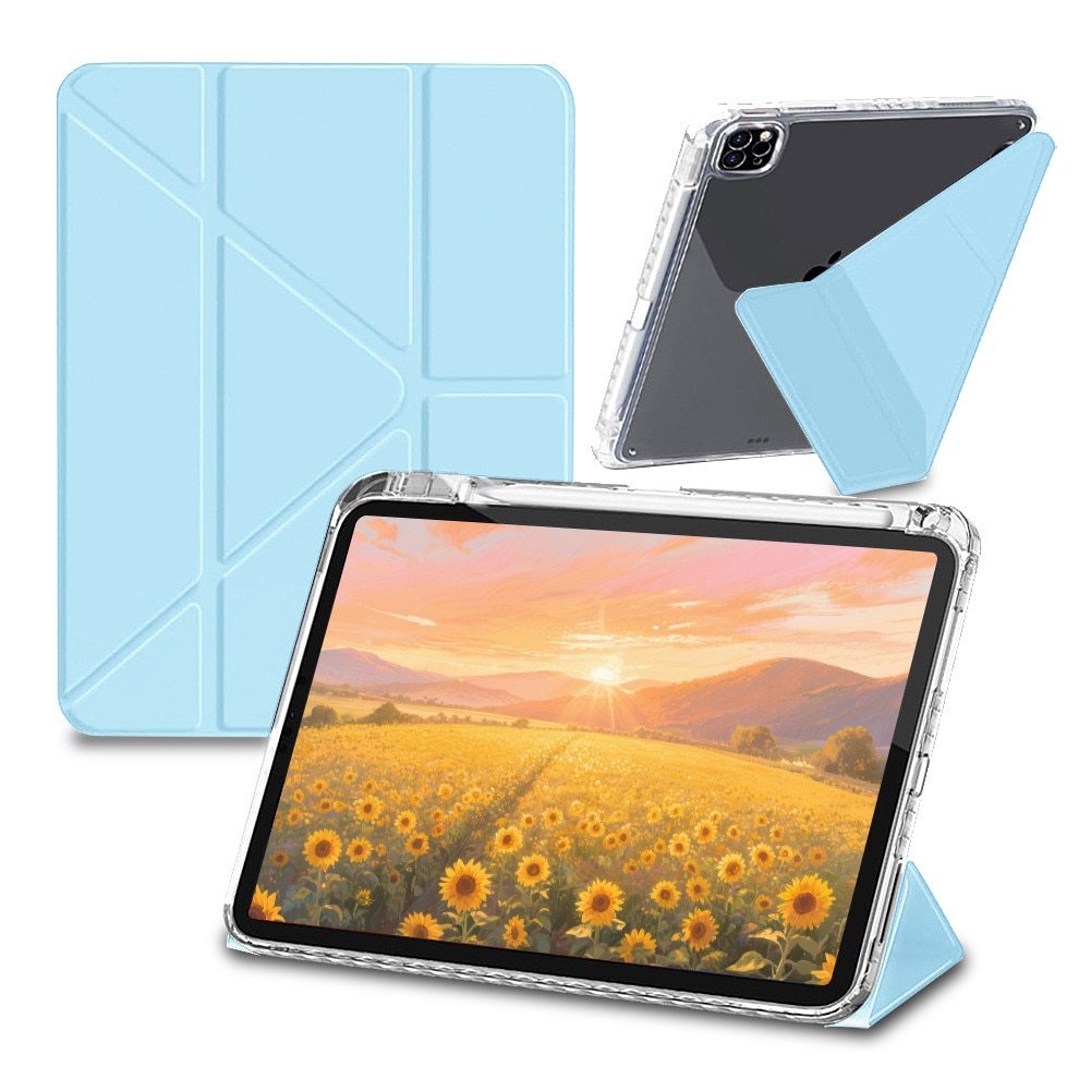 Husa pentru tableta compatibila cu iPad Pro Air 11" 2024 / 2025 M2, M3, cu functie de trezire/culcare si slot pentru stilou, moduri multiple de pliere 3+Y, spate ultra-transparent din acril rezistent la indoire，albastru deschis