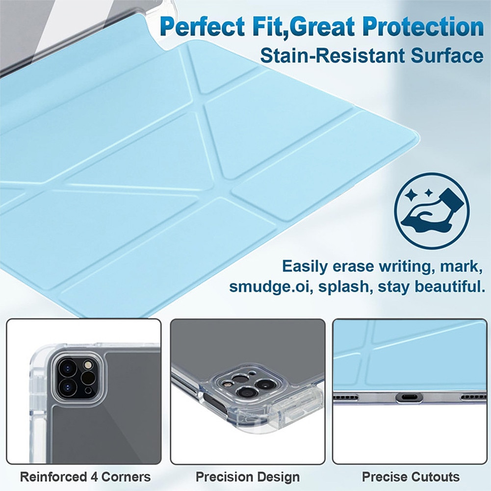 Husa pentru tableta compatibila cu iPad Pro Air 11" 2024 / 2025 M2, M3, cu functie de trezire/culcare si slot pentru stilou, moduri multiple de pliere 3+Y, spate ultra-transparent din acril rezistent la indoire，albastru deschis