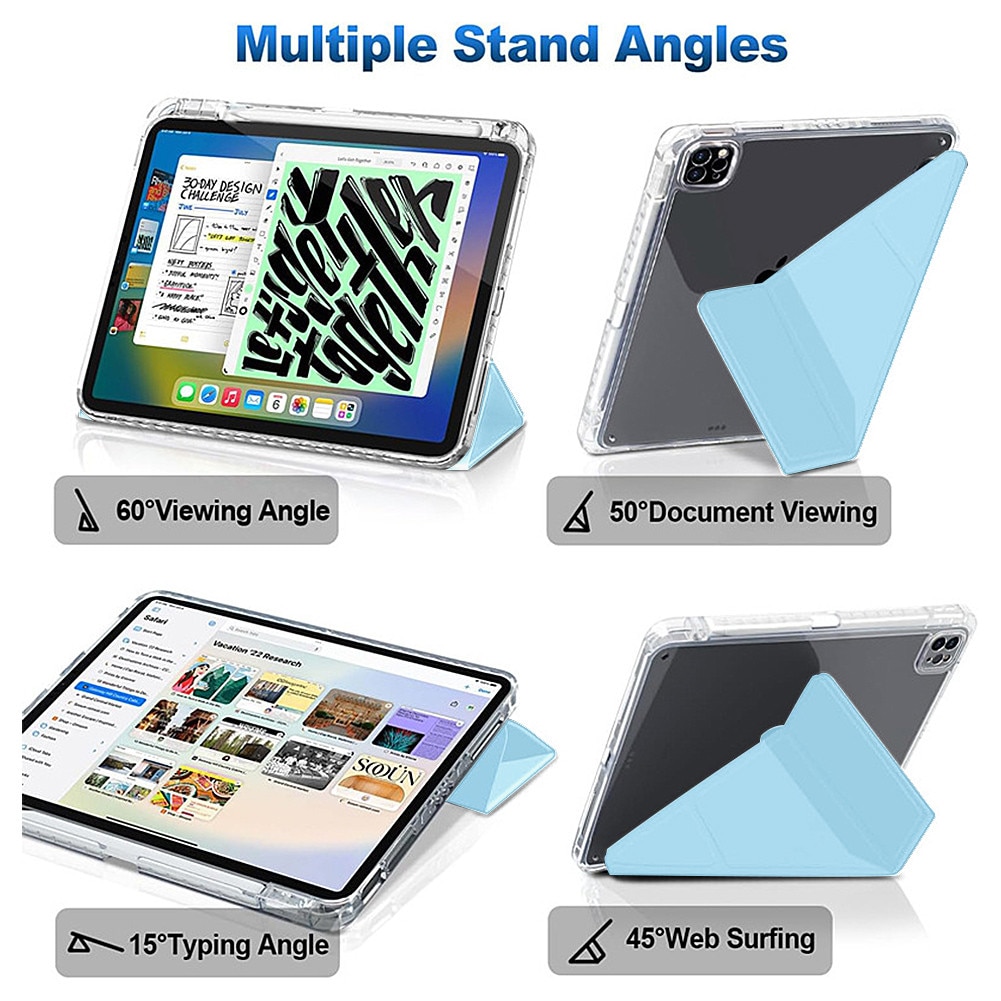 Husa pentru tableta compatibila cu iPad Pro Air 11" 2024 / 2025 M2, M3, cu functie de trezire/culcare si slot pentru stilou, moduri multiple de pliere 3+Y, spate ultra-transparent din acril rezistent la indoire，albastru deschis
