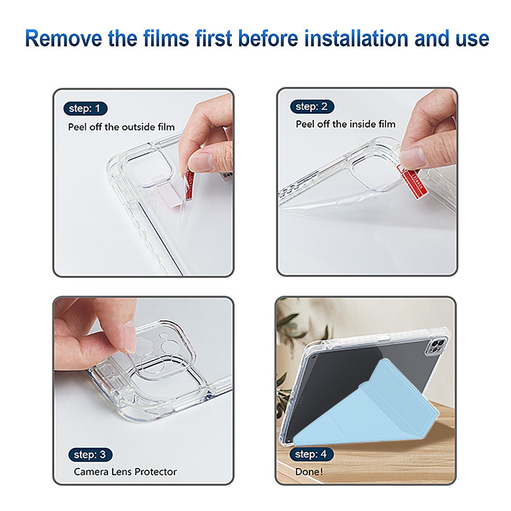 Husa pentru tableta compatibila cu iPad Pro Air 11" 2024 / 2025 M2, M3, cu functie de trezire/culcare si slot pentru stilou, moduri multiple de pliere 3+Y, spate ultra-transparent din acril rezistent la indoire，albastru deschis