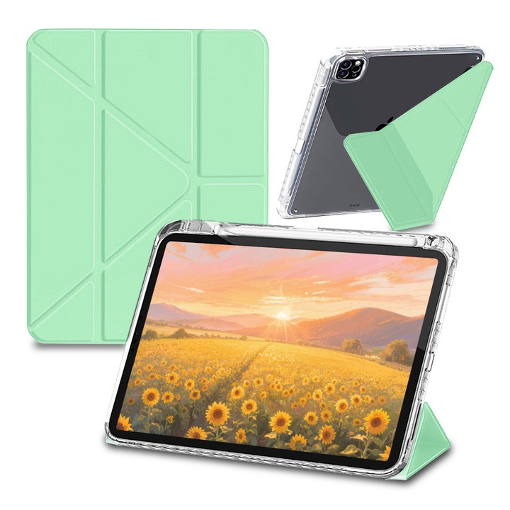 iPad Pro Air 11" 2024 / 2025 M2, M3 készülékkel kompatibilis tablet tok, ébresztő/alvó funkcióval és tolltartóval, tripla hajtás móddal (3+Y), ultra átlátszó hátlap hajlításálló akrilból, világoszöld