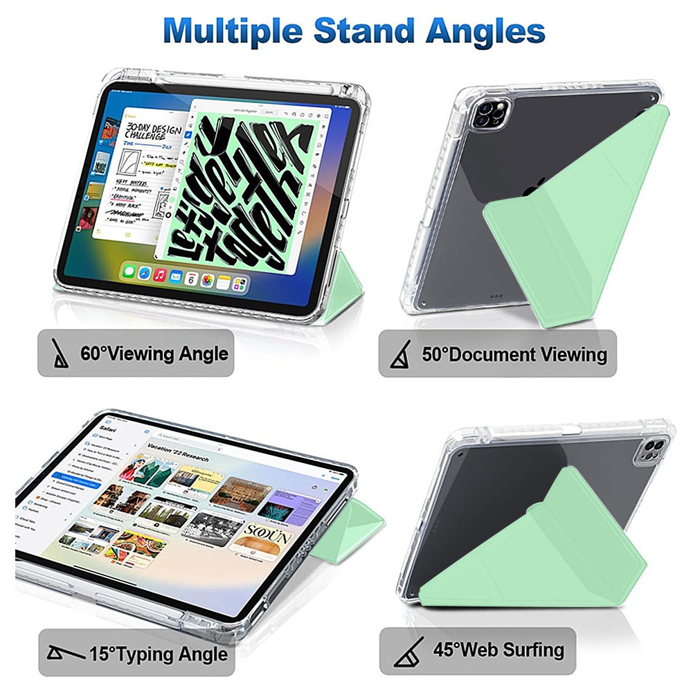 Husa pentru tableta compatibila cu iPad Pro Air 11" 2024 / 2025 M2, M3, cu functie de trezire/culcare si slot pentru stilou, moduri multiple de pliere 3+Y, spate ultra-transparent din acril rezistent la indoire, verde deschis