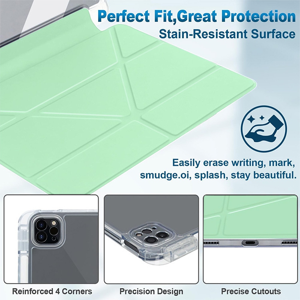 Husa pentru tableta compatibila cu iPad Pro Air 11" 2024 / 2025 M2, M3, cu functie de trezire/culcare si slot pentru stilou, moduri multiple de pliere 3+Y, spate ultra-transparent din acril rezistent la indoire, verde deschis