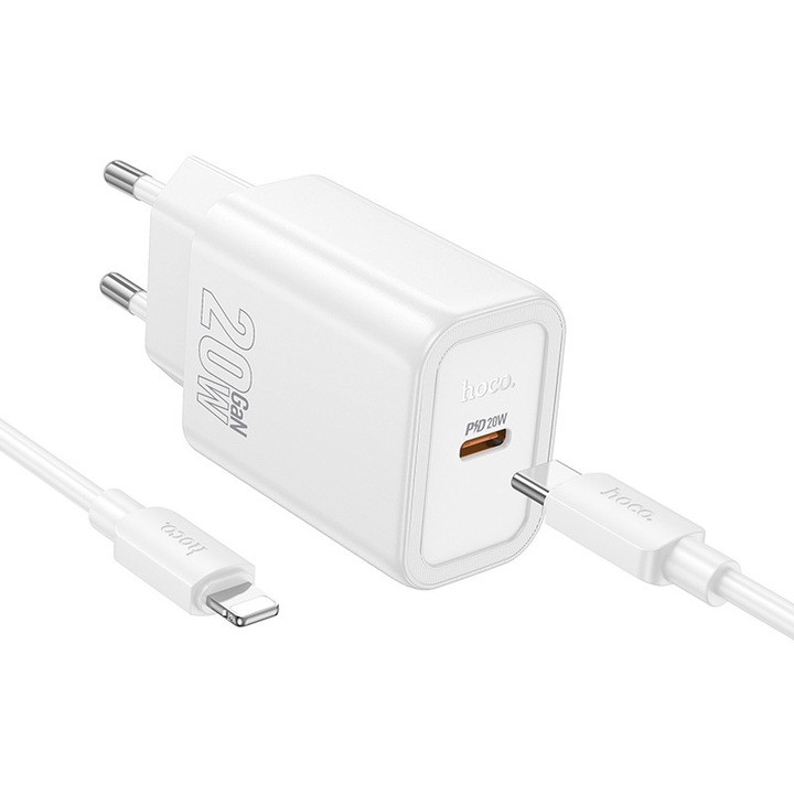 Захранващ адаптер HOCO N60 с Lightning кабел, 20W, 3A, 1 x USB-C, бял