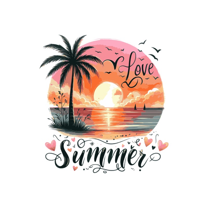 Sticker Apus pe plaja cu palmieri text love summer, Autoadeziv, Cri-Flo, Marime 25 cm