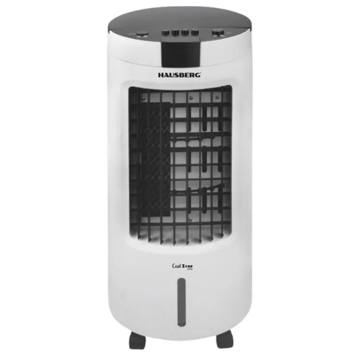 Охладител за въздух Hausberg HB-5962AB, 65–80 W, преносим, резервоар 7,8 л, 3 скорости, 60° осцилация, включен леден пакет, бял