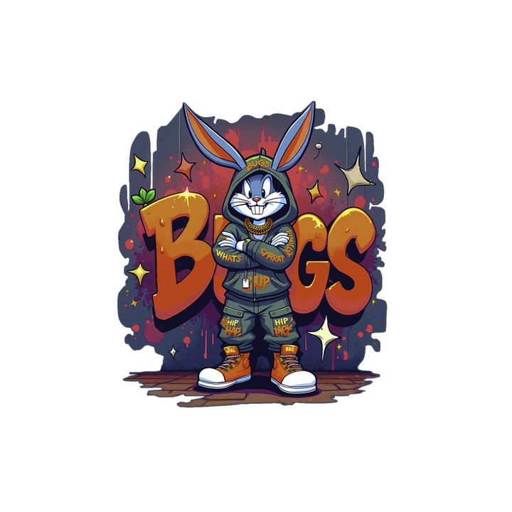 Sticker Bugs Bunny in hanorac inchis cu text BOSS graffiti, Autoadeziv, Cri-Flo, Marime 25 cm