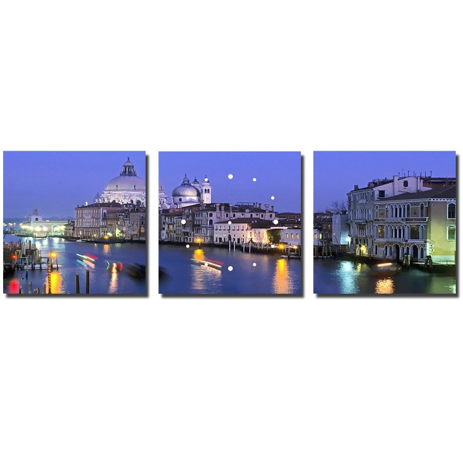 Set trei tablouri decorative canvas cu ceas City Nights, 30 x 30 cm
