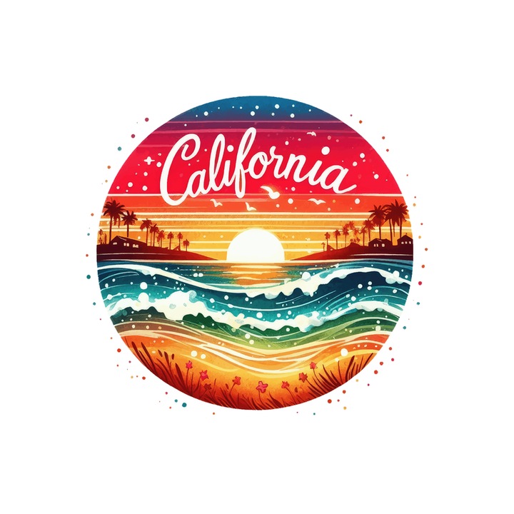 Sticker Peisaj California apus ocean cerc retro valuri si palmieri, Autoadeziv, Cri-Flo, Marime 20 cm