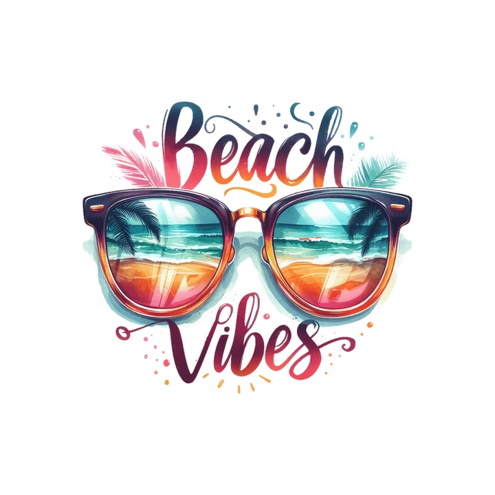 Sticker Ochelari de soare text beach vibes atmosfera tropicala, Autoadeziv, Cri-Flo, Marime 20 cm