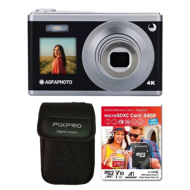 AgfaPhoto Realishot DC9200 kameracsomag, 24MP, 4K, Agfa 64 GB-os Micro SDXC kártyával és kameratáskával, fekete