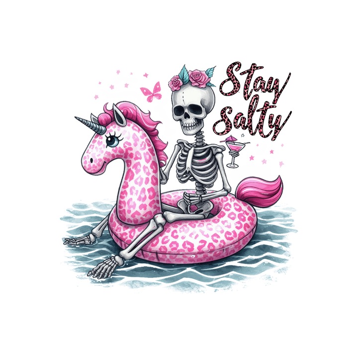 Sticker Schelet pe flamingo roz text stay salty design amuzant de vara, Autoadeziv, Cri-Flo, Marime 25 cm