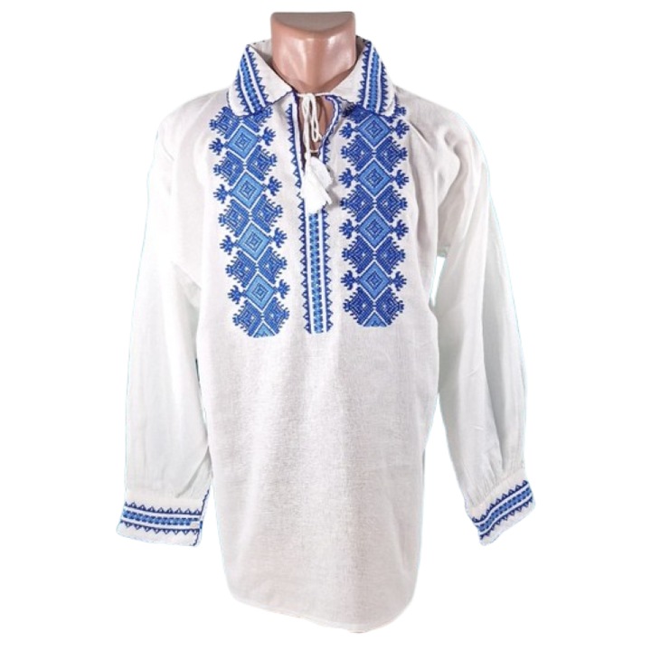 Ie traditionala pentru barbati, Alb, cu broderie albastra, motiv geometric.M
