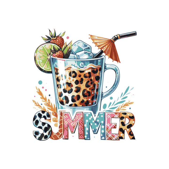 Sticker Pahar cu leopard print text summer bautura tropicala cu gheata, Autoadeziv, Cri-Flo, Marime 25 cm