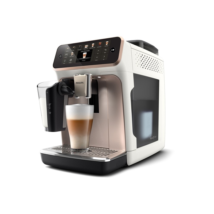 Espressor automat Philips Seria 5500 Latte Go EP5543/80, 20 de bauturi, Rezervor 1.8l, Ecran Tactil TFT, QuickStart, SilentBrew, Rasnita incorporata cu 12 setari Roz/Alb