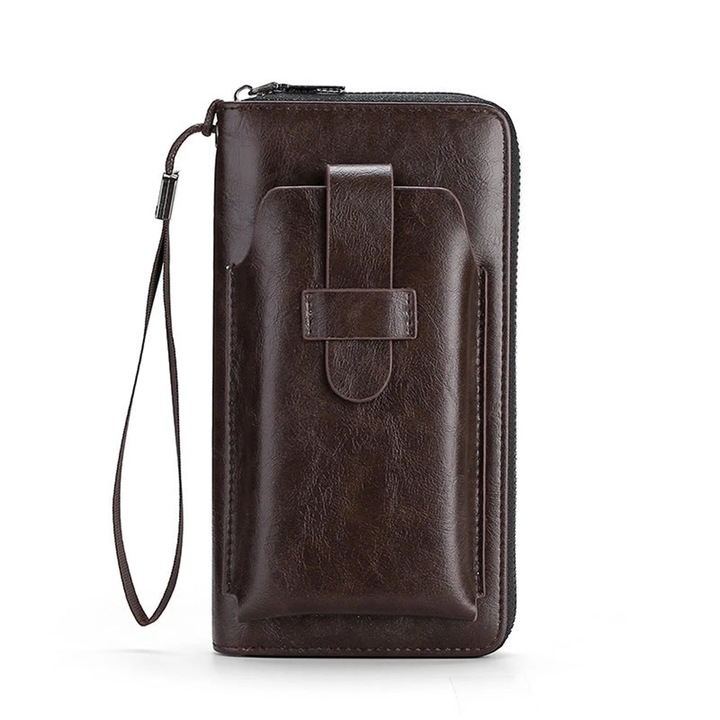 Férfi bőr pénztárca, nagy kapacitású, cipzáras, 8 kártyatartó rekesszel, fekete, 7,68x4,13x1,18 hüvelyk