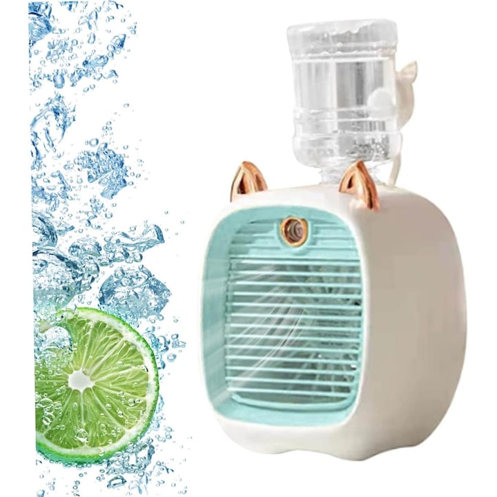 Aer conditionat portabil, mini ventilator de racire, cu urechi de pisica, rezervor de apa, 3 viteze, incarcare USB, usor de utilizat si de controlat, alb