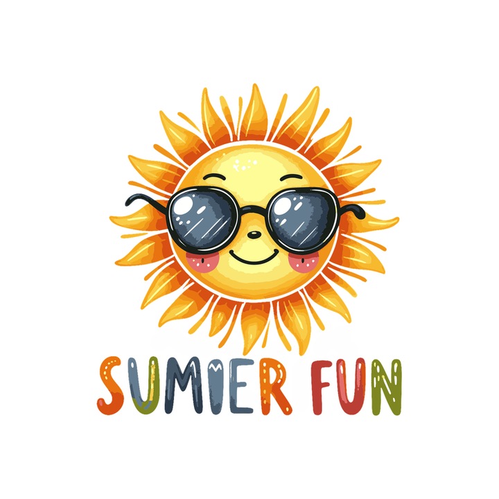 Sticker Soare zambitor cu ochelari text summer fun grafica jucausa, Autoadeziv, Cri-Flo, Marime 25 cm