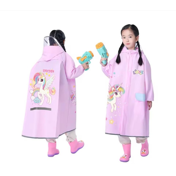 Gyerek esőkabát, unikornis mintával, kapucnival és átlátszó napellenzővel, fényvisszaverő csíkokkal, hátul szellőzővel, vízálló, 115-125-ös méret, rózsaszín