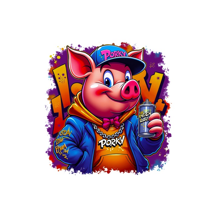 Sticker Porky Pig urban style cu hanorac si text funky, Autoadeziv, Cri-Flo, Marime 25 cm