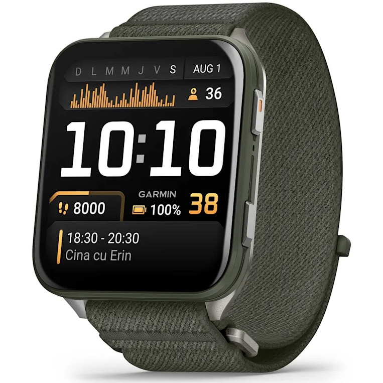 Smartwatch Garmin Venu X1, moss cu spate din titan argintiu, curea din nailon ComfortFit Moss
