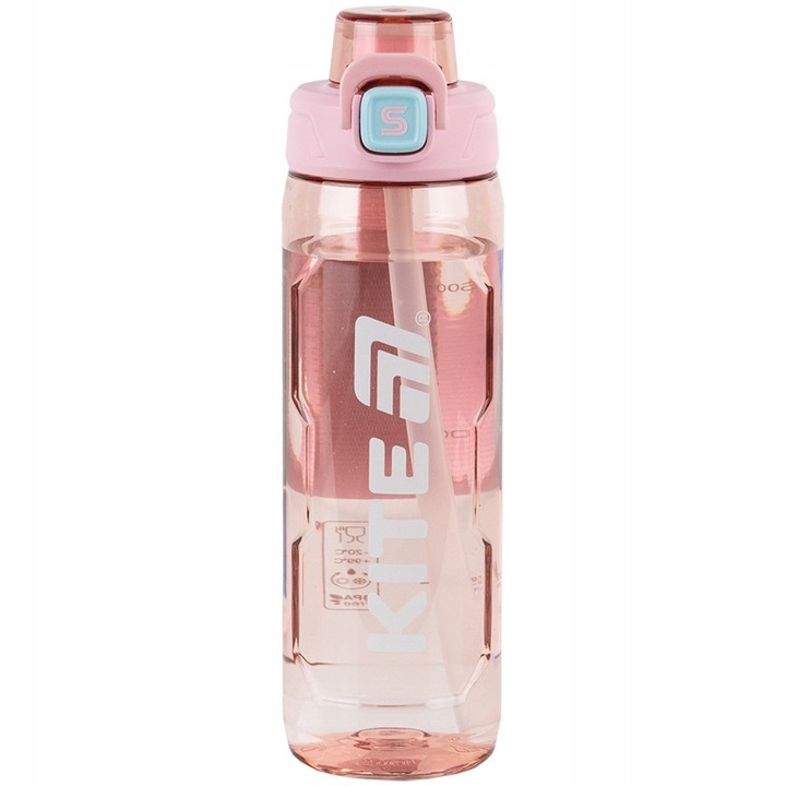 Sticla apa roz Kite, 800 ml, tritan fara BPA, pai + sippy, capac etans si curea textila, pentru scoala si sport