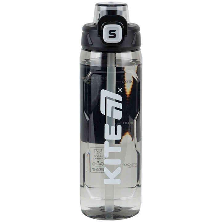 Sticla apa Kite, 800 ml, tritan fara BPA, negru transparent, cu pai si capac flip, curea textila, pentru scoala, sport si activitati