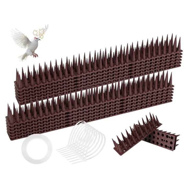 Set de 12 Bucati Banda cu Tepi Anti Pasari, 5.16m, cu Nano adeziv si Legaturi, Maro