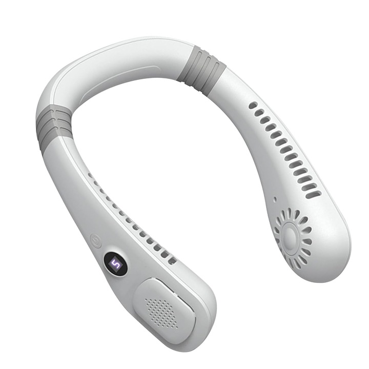 Вентилатор за врат, преносим, презареждащ се тип C, 5 скорости, дигитален дисплей, дейности на закрито и открито, бял