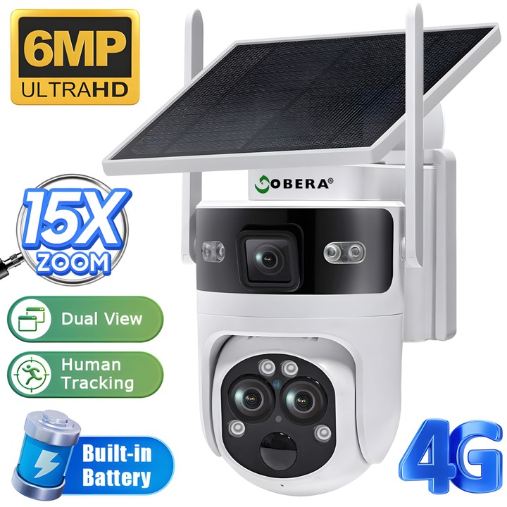 goBERA 3 lencsés napelemes megfigyelőkamera, 15-szörös hibrid zoom, 4G, 5 W-os napelem, 7800 mAh-s akkumulátor, IR + LED, színes éjjellátó, PTZ 350°/90°, emberérzékelés és AI követés, kétirányú hang, IP65, felhőalapú tárhely + TF