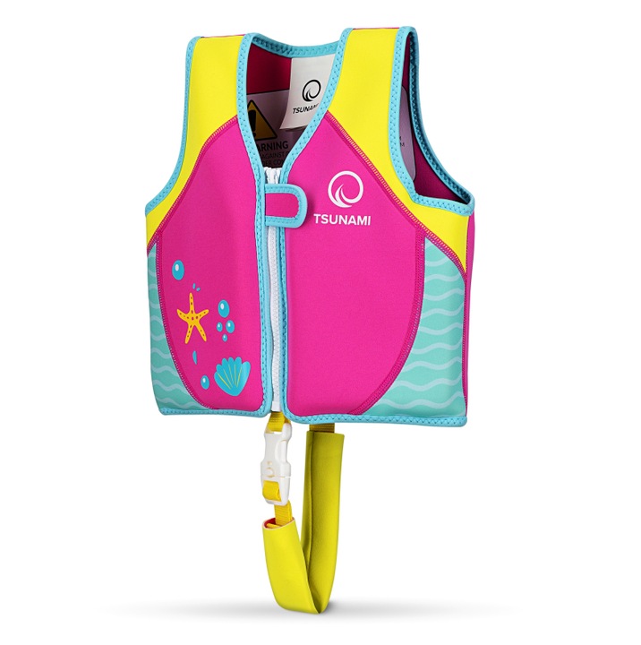 Vesta de inot, TSUNAMI, flotabila, pentru copii 3–6 ani, greutate 19–30 kg, 34×30 cm, neopren 80%, poliester, umplutura spuma polietilena, fermoar cu arici, elemente flotante detasabile, certificat CE, roz/albastru