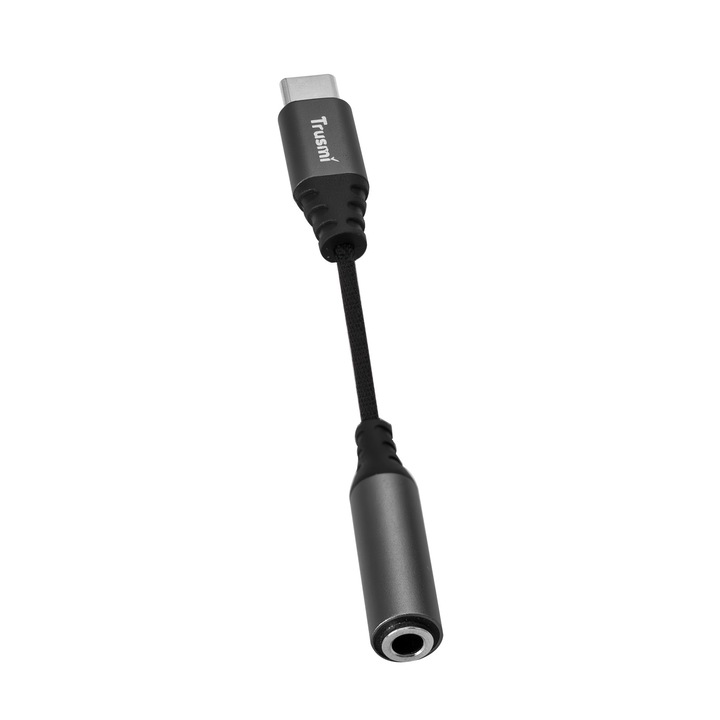 Cablu Adaptor TRUSMI CA50-03 Audio USB-C la Aux Female Jack 3.5mm, Redare Audio, 48KHz, Apel Telefonic, Compatibilitate universala, 10 cm, Gunmetal