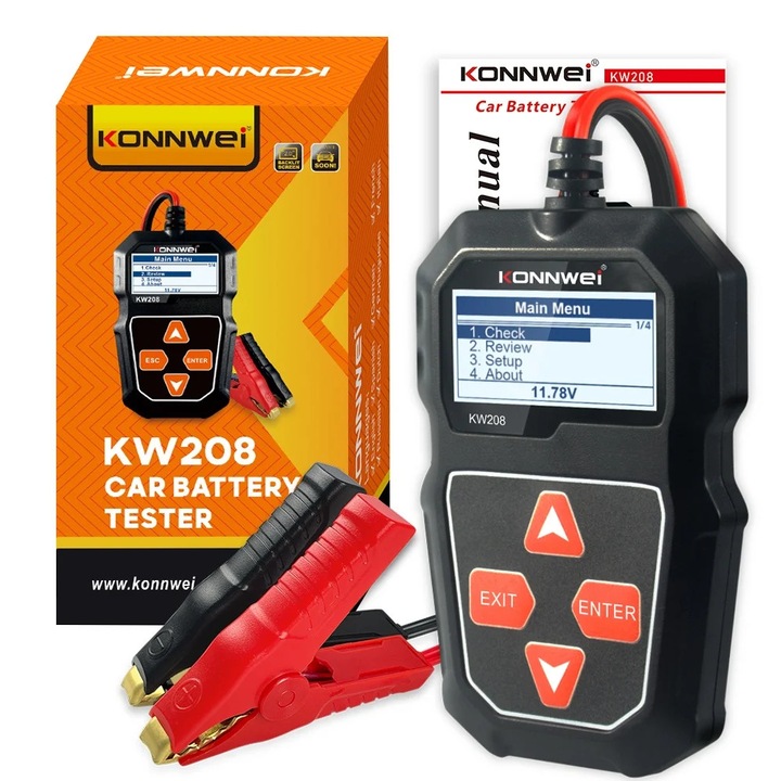 KONNWEI KW208 autó alternátor- és akkumulátortesztelő, 12V, töltés-, indítás- és forgatásvizsgálat, AGM, GEL, LiFePO4, LCD kijelző