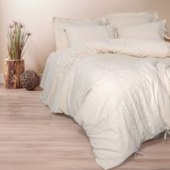 Lenjerie pat dublu cu broderii, in si bumbac, 240 x 260 cm, 6 piese, Cotton Box, Kivora Bej