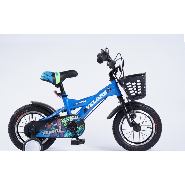 Детски планински велосипед с 12" колела, предни V-образни спирачки/задни барабанни спирачки, помощни колела, син, Велосипед Velors Baby Kids SPPED за възраст 2/4 години