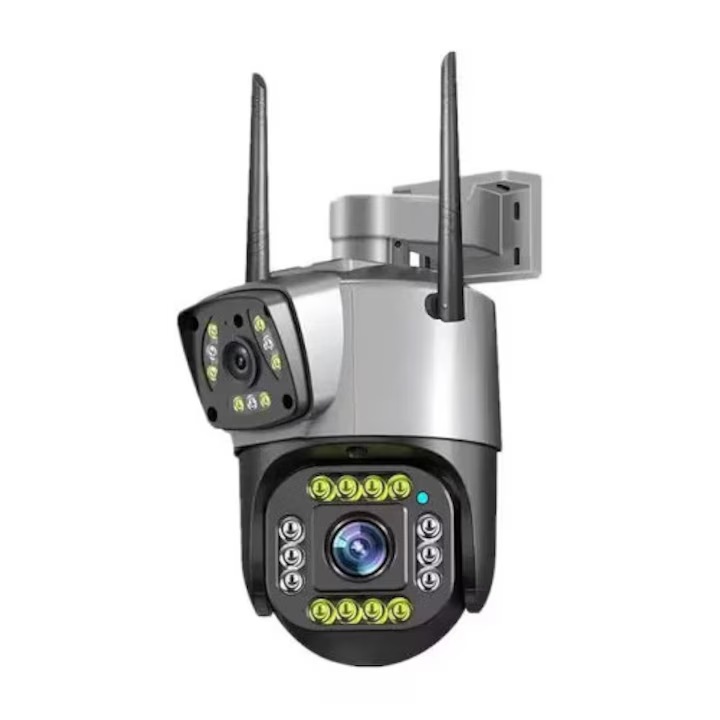 Megfigyelő kamera, IP, Wi-fi, Dupla, 360 fokos intelligencia, 8MP, 4K, 1080p, 10x optikai zoom, Mozgásérzékelés, Éjjellátó, Mozgásriasztás, Kártya-/felhőtárhely, Vízálló