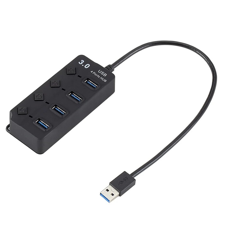 4-портов USB 3.0 хъб, независими превключватели, черен, 10.5x4.5x2см