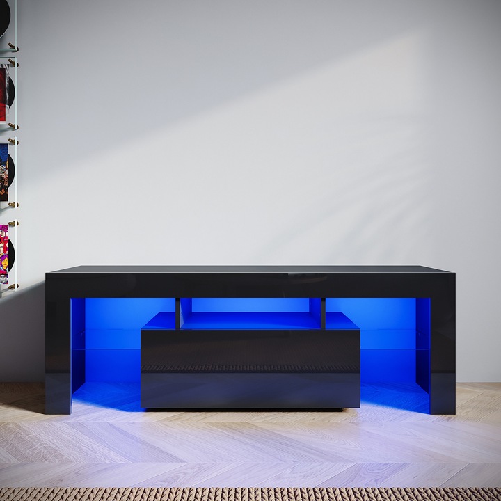 Comoda TV, Cu iluminare LED, 12 culori LED, RGB, 1 usa cu deschidere in jos, Cu raft de sticla, negru, 130 x 35 x 45 cm