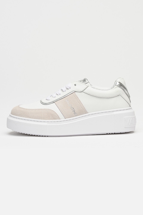 Valentino, Logós bőr és nyersbőr sneaker, Fehér/Drapp