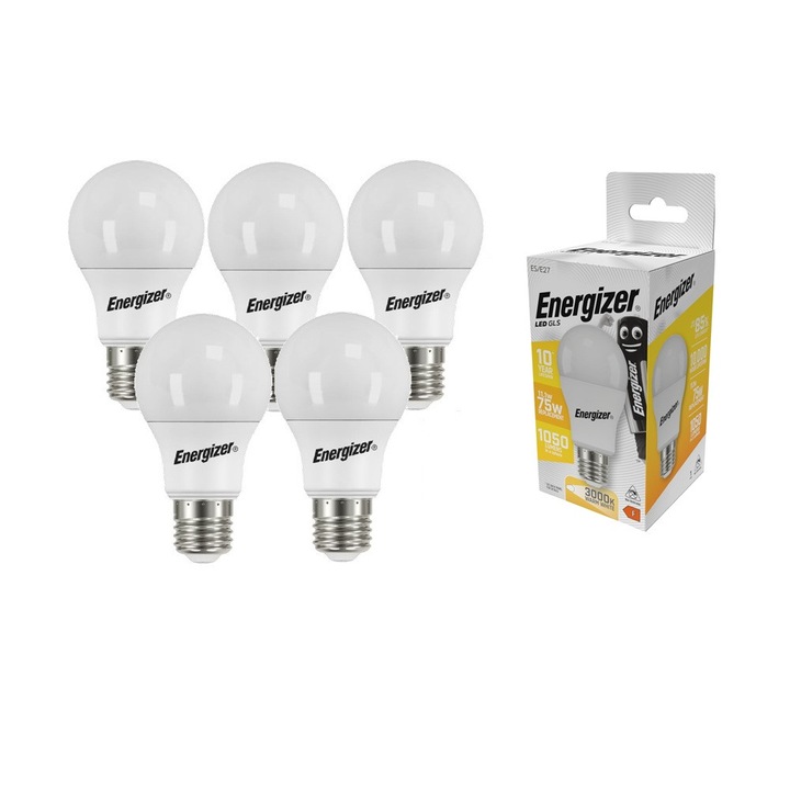 Комплект от 5 LED крушки GLS Energizer, E27, 1050 lm, топла светлина, 12 W, еквивалент на 75 W, 3000K, енергиен клас F