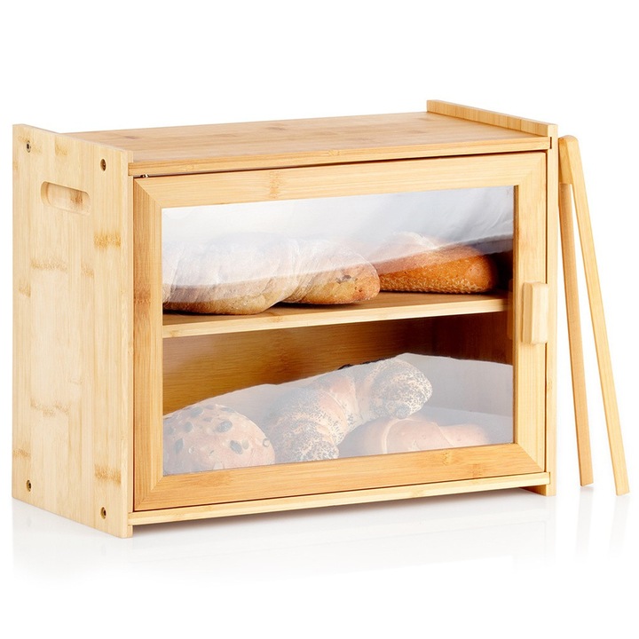Vilde élelmiszer tároló doboz, bambusz kenyértartó, 40x20x31 cm, kétszintes, késekkel együtt