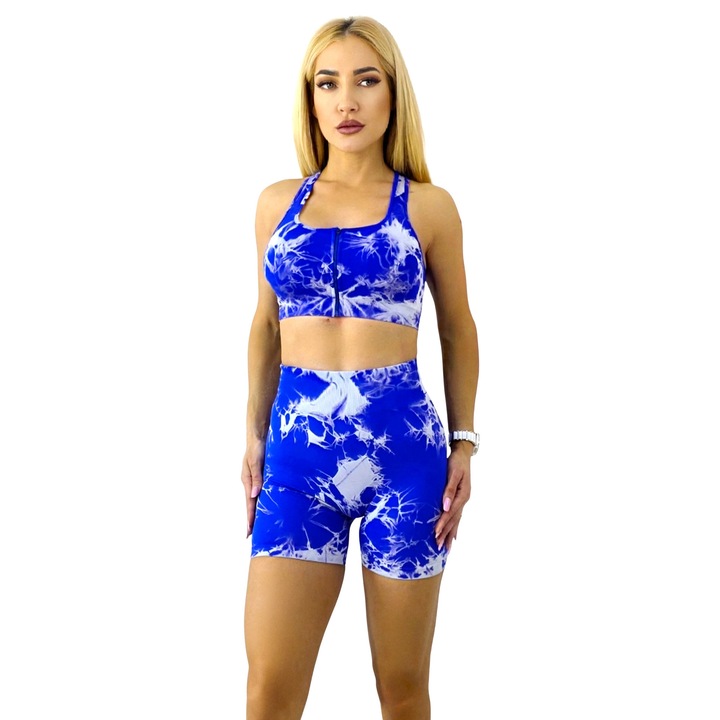 Compleu fitness ZAMIR, top cu fermoar si colanti, Alb/Albastru