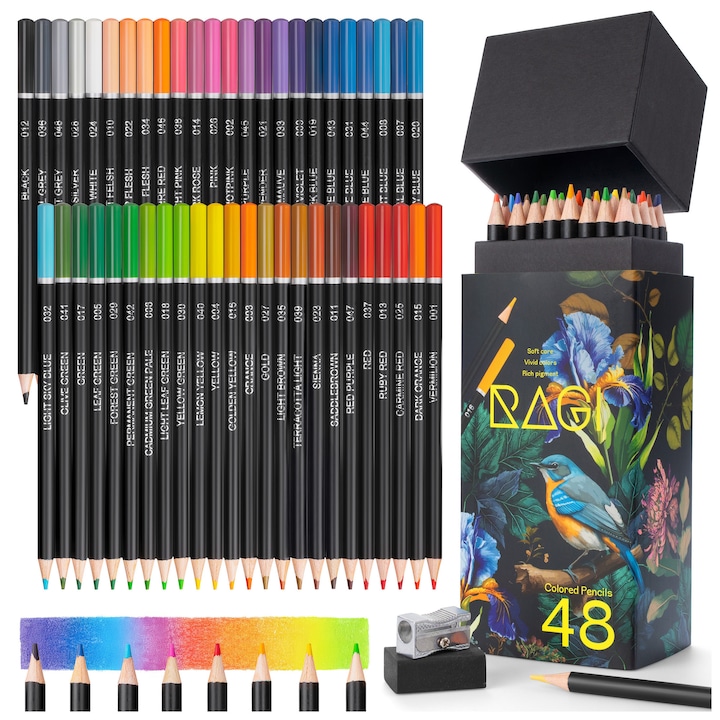 Set Creioane Colorate Profesionale RAGI, 48 Culori Vibrante, pe Baza de Ulei, pentru Desen, Pictura, Schita, Ilustratie, Blending, Stratificare, Arta si Hobby Creativ, cu Ascutitoare si Radiera, pentru Artisti, Elevi si Pasionati