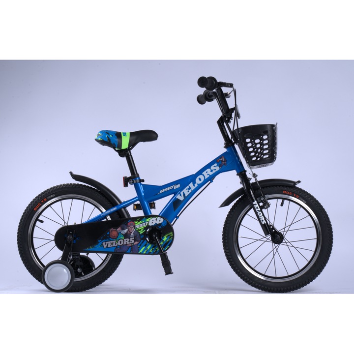 Детски планински велосипед Velors, 16" колела, предни V-образни спирачки/задни барабанни спирачки, помощни колела, син, Детски, 4/6 години