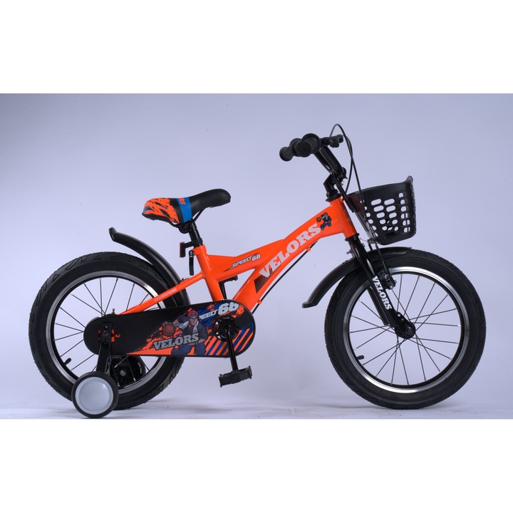 Gyerek MTB kerékpár 16"-os kerekekkel, elöl V-fék/hátsó dobfék, pótkerekek, narancssárga, Velors Baby Kids SPEED kerékpár 4/6 éves korig