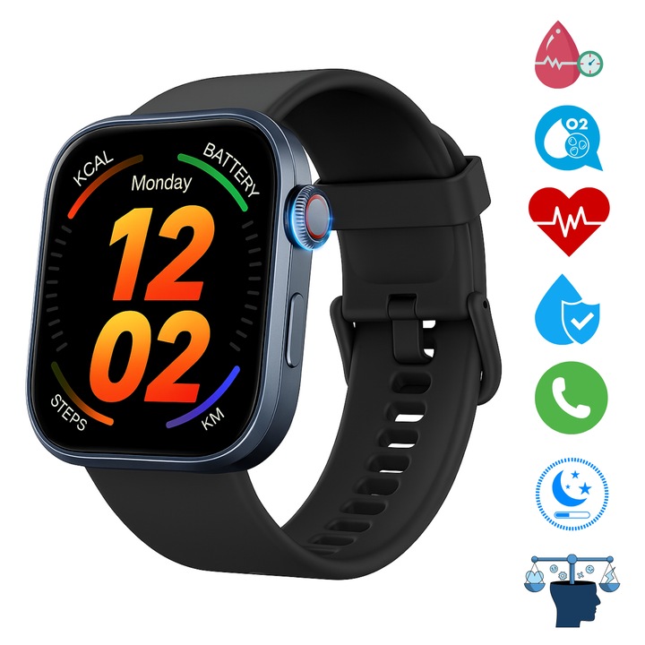 NEOVANCE Férfi/Női Okosóra, AMOLED 1.99", 410×494, Egészségfigyelés (SpO₂, Vérnyomás, Pulzusszám, Stressz, Alvás), 100+ Sport mód, Bluetooth Hívás, AI Hangsegéd, 1.5 óra töltés, 3ATM vízállóság, 350mAh akkumulátor, GTX12